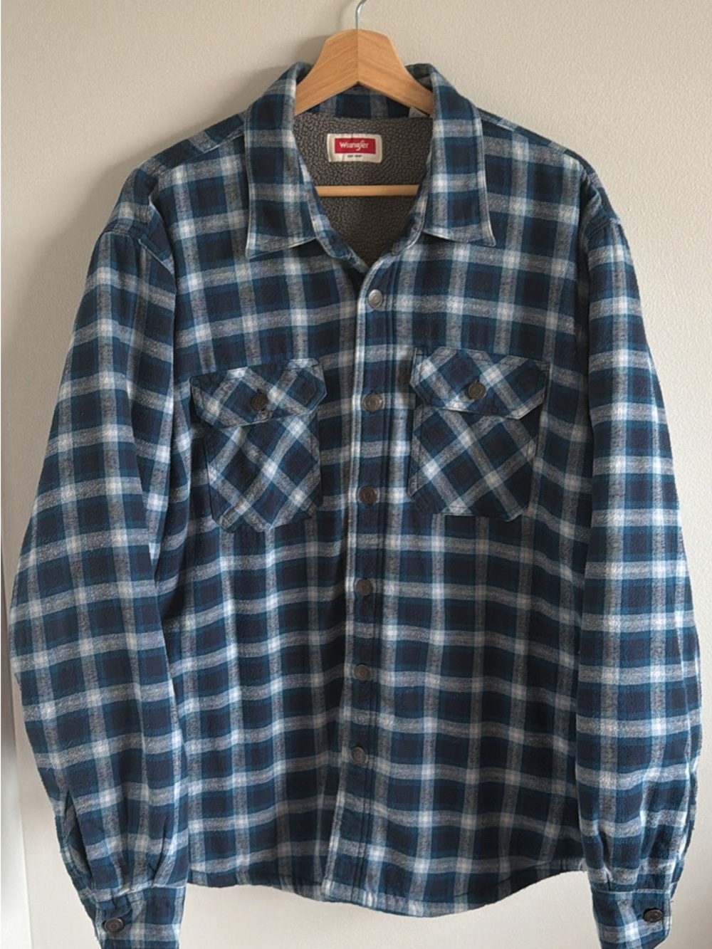 Wrangler Men's Blue Plaid Flannel Fleece Lined Jacket